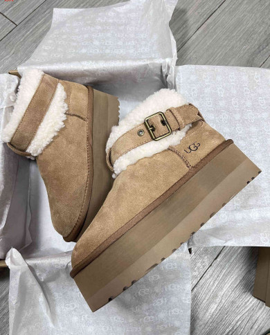 UGG Platform Sheepskin Fur Lined Ankle Boots with Buckle Strap