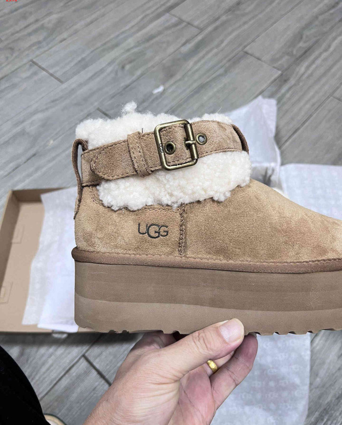 UGG Platform Sheepskin Fur Lined Ankle Boots with Buckle Strap