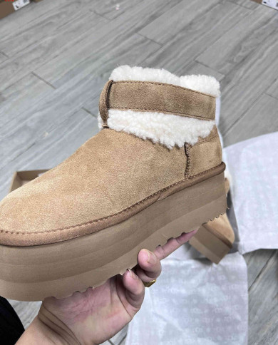 UGG Platform Sheepskin Fur Lined Ankle Boots with Buckle Strap