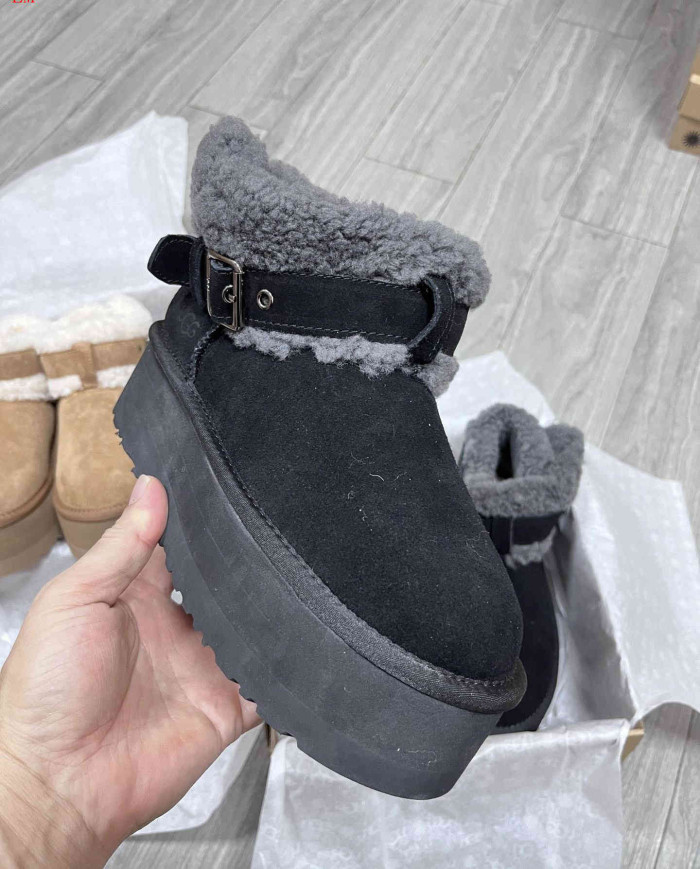 UGG Platform Sheepskin Fur Lined Ankle Boots with Buckle Strap