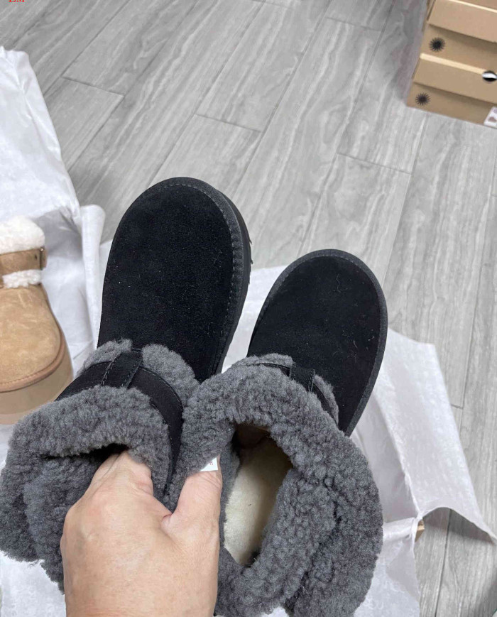 UGG Platform Sheepskin Fur Lined Ankle Boots with Buckle Strap