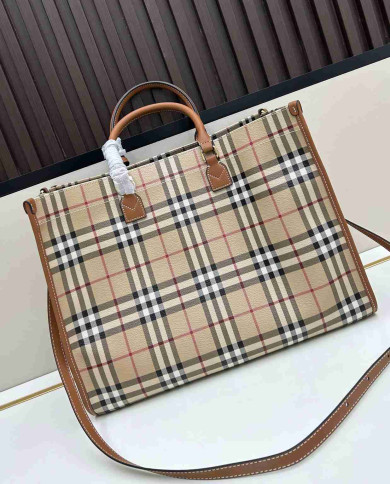 Burberry Plaid Top-Handle Tote Bag