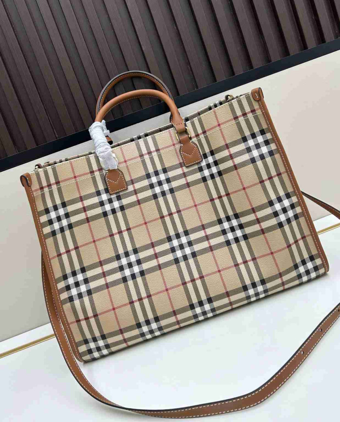 Burberry Plaid Top-Handle Tote Bag