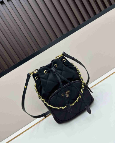 Prada Black Quilted Chain Drawstring Bucket Bag