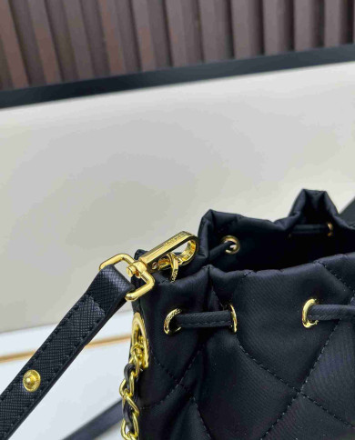 Prada Black Quilted Chain Drawstring Bucket Bag