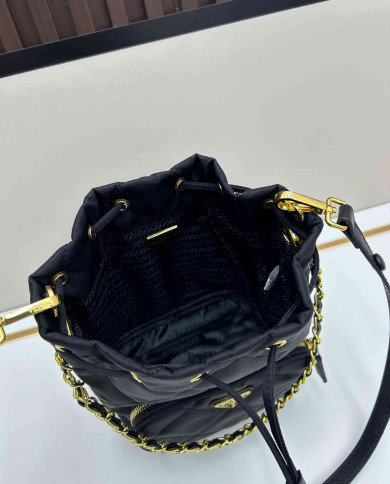 Prada Black Quilted Chain Drawstring Bucket Bag