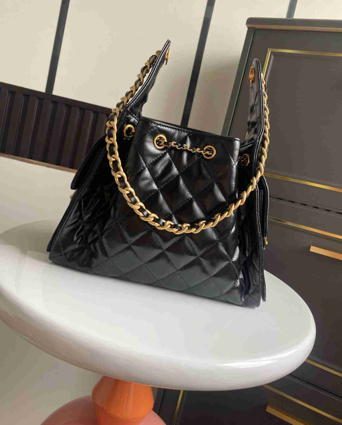 Chanel Drawstring Bucket Bag with Chain