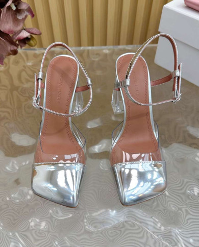 Amina Muaddi Women's Clear Block Heel Sandals