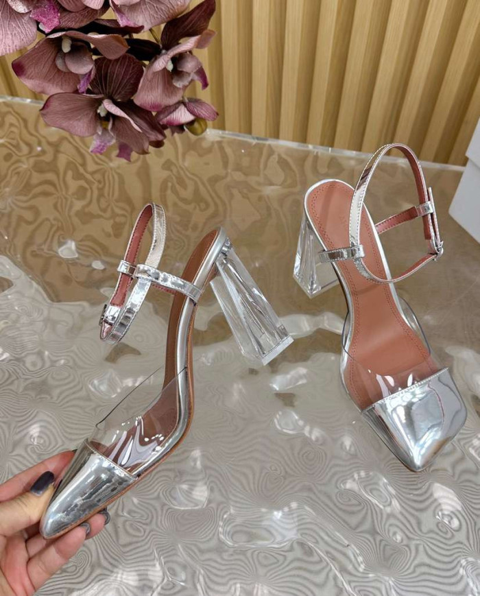 Amina Muaddi Women's Clear Block Heel Sandals