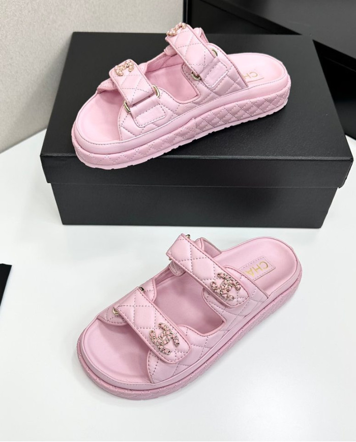 Chanel Women's Double C Logo Leather Slides