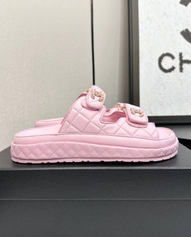 Chanel Women's Double C Logo Leather Slides