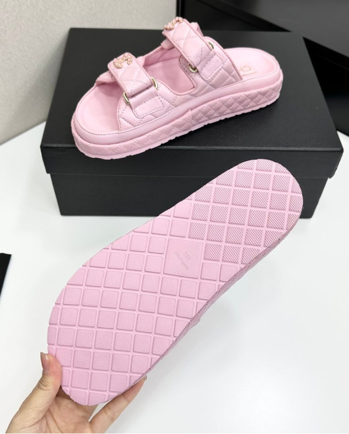 Chanel Women's Double C Logo Leather Slides