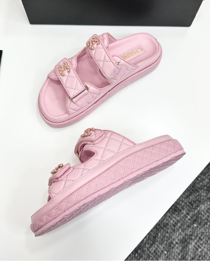 Chanel Women's Double C Logo Leather Slides