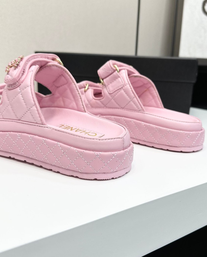 Chanel Women's Double C Logo Leather Slides