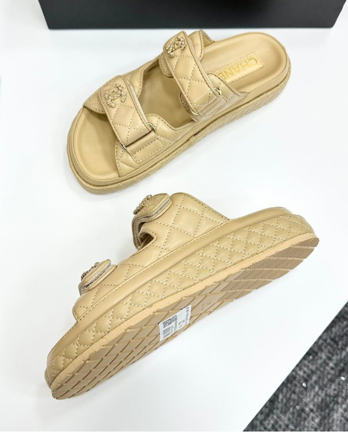 Chanel Women's Double C Logo Leather Slides