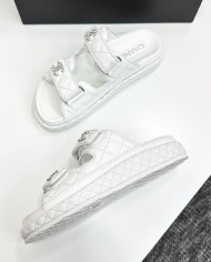 Chanel Women's Double C Logo Leather Slides