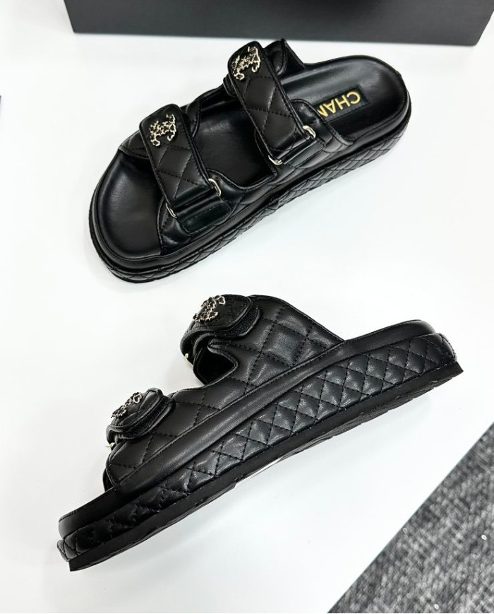 Chanel Women's Double C Logo Leather Slides