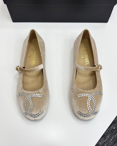 Chanel Rhinestone Buckle Velvet Flats