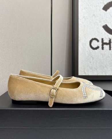 Chanel Rhinestone Buckle Velvet Flats