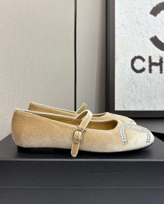 Chanel Rhinestone Buckle Velvet Flats