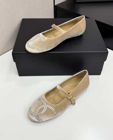 Chanel Rhinestone Buckle Velvet Flats