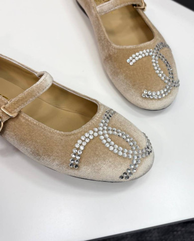 Chanel Rhinestone Buckle Velvet Flats