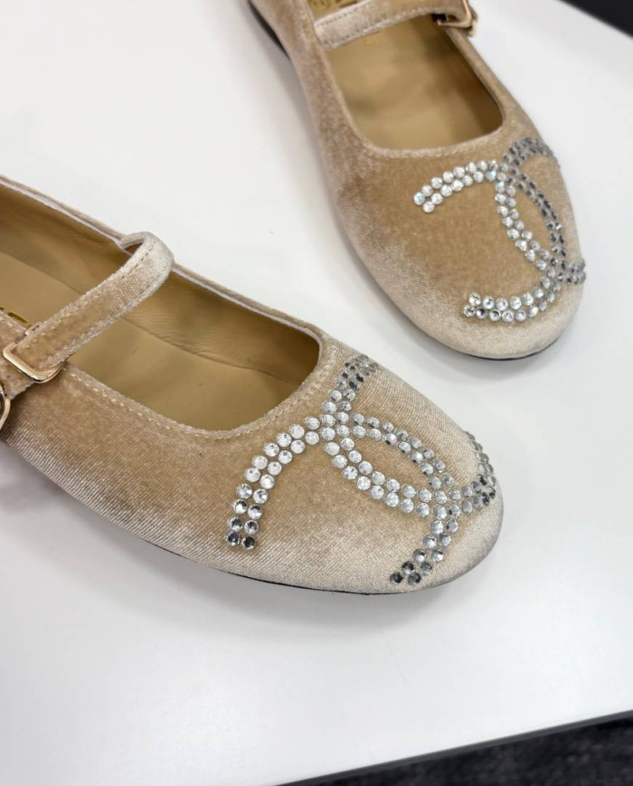 Chanel Rhinestone Buckle Velvet Flats