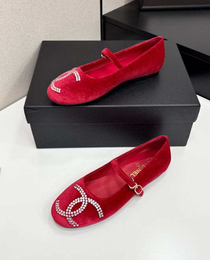 Chanel Rhinestone Buckle Velvet Flats