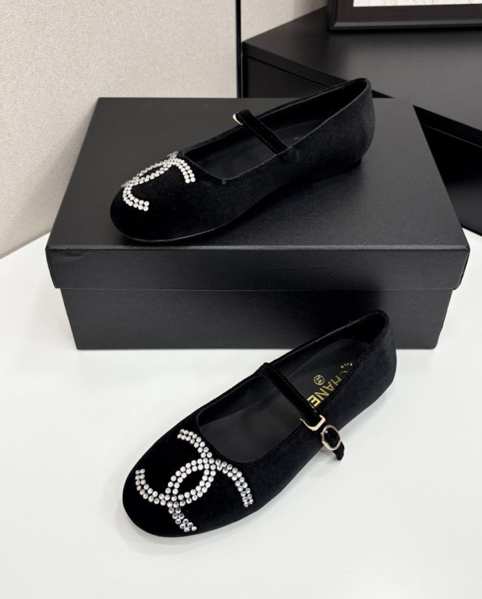 Chanel Rhinestone Buckle Velvet Flats