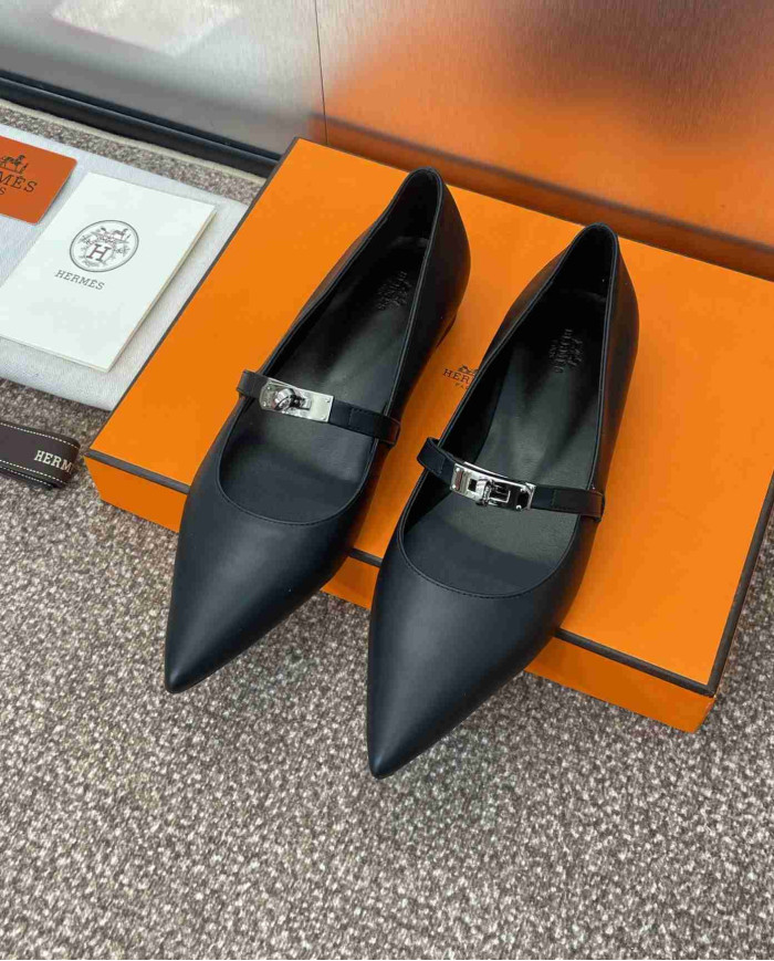 Hermes Kelly Buckle Pointed Toe Flats