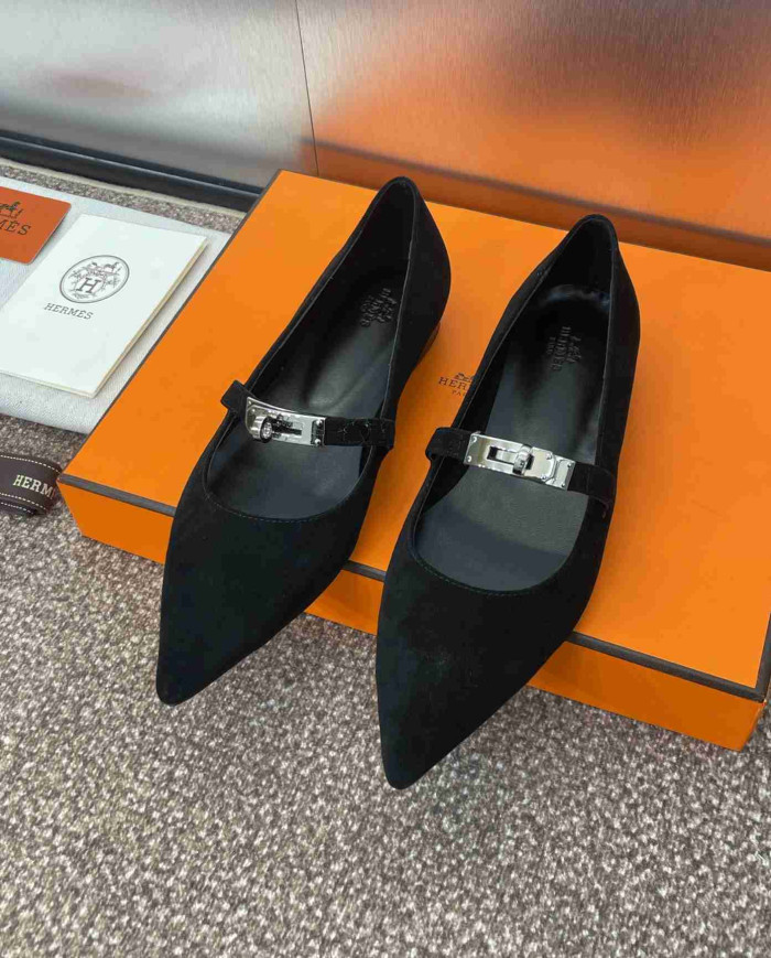 Hermes Kelly Buckle Pointed Toe Flats
