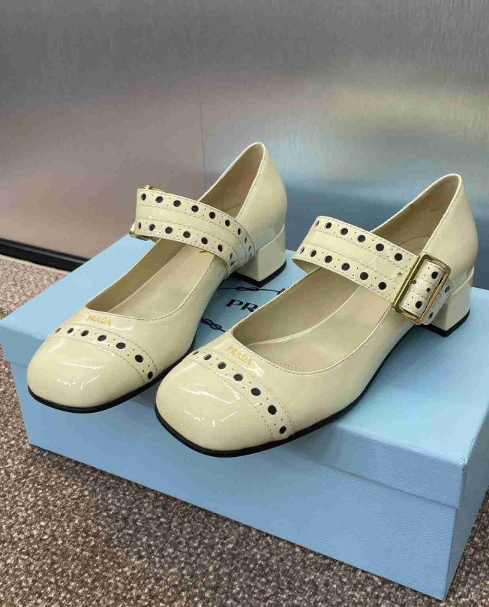 Prada Studded Square Toe Block Heel Mary Jane Pumps