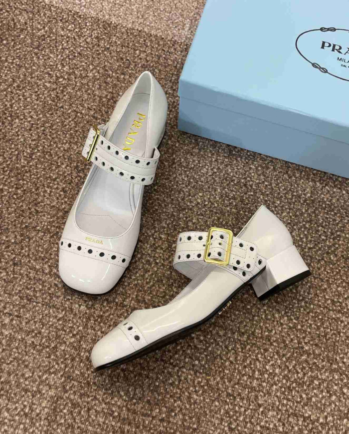 Prada Studded Square Toe Block Heel Mary Jane Pumps