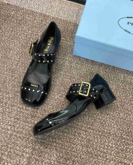 Prada Studded Square Toe Block Heel Mary Jane Pumps