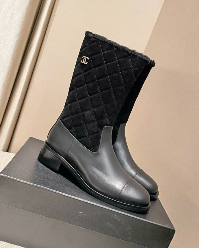 Chanel Quilted Lamb Fur Spliced Short Boots