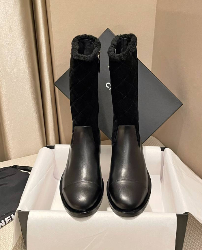 Chanel Quilted Lamb Fur Spliced Short Boots