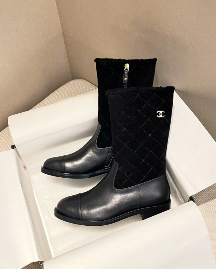 Chanel Quilted Lamb Fur Spliced Short Boots