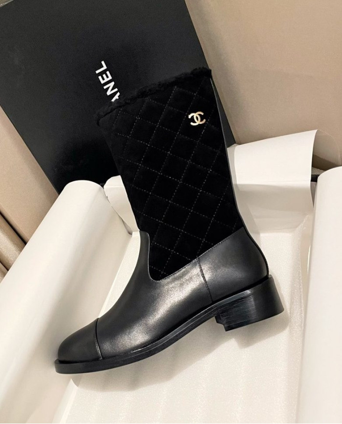 Chanel Quilted Lamb Fur Spliced Short Boots