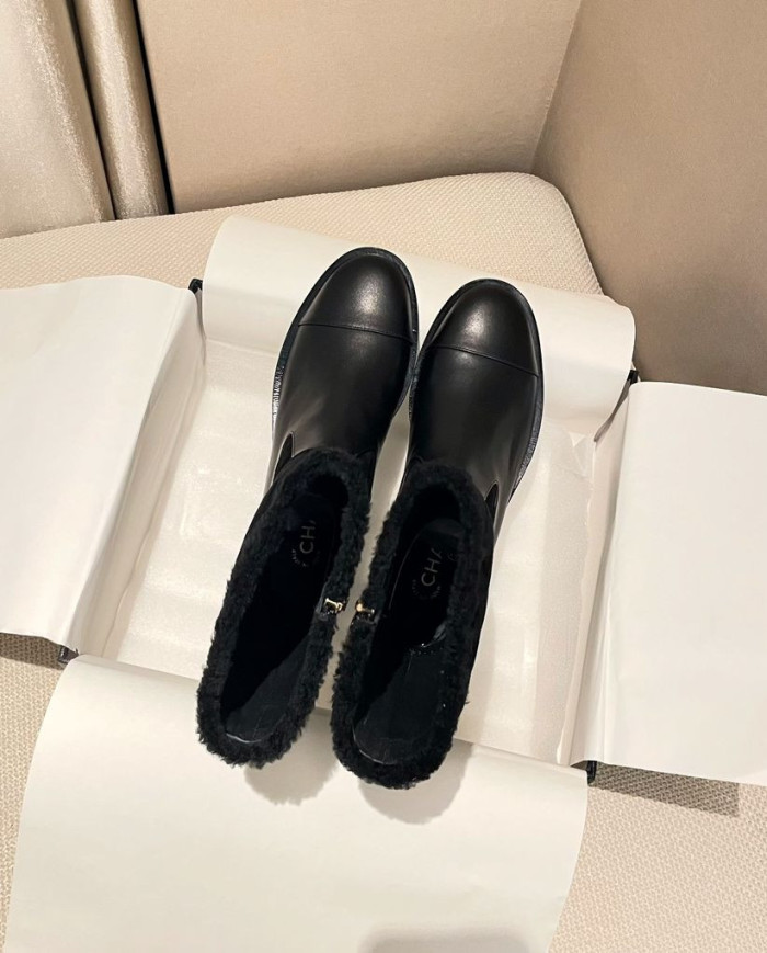 Chanel Quilted Lamb Fur Spliced Short Boots