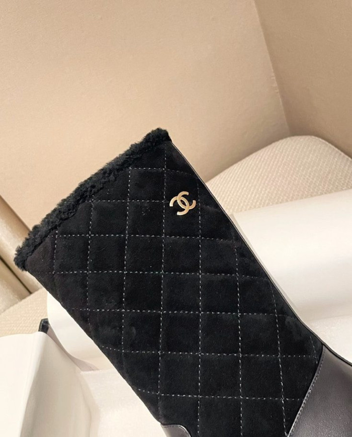 Chanel Quilted Lamb Fur Spliced Short Boots