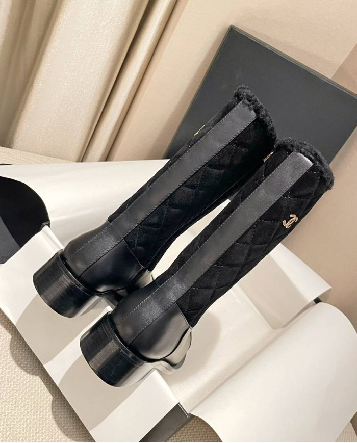 Chanel Quilted Lamb Fur Spliced Short Boots