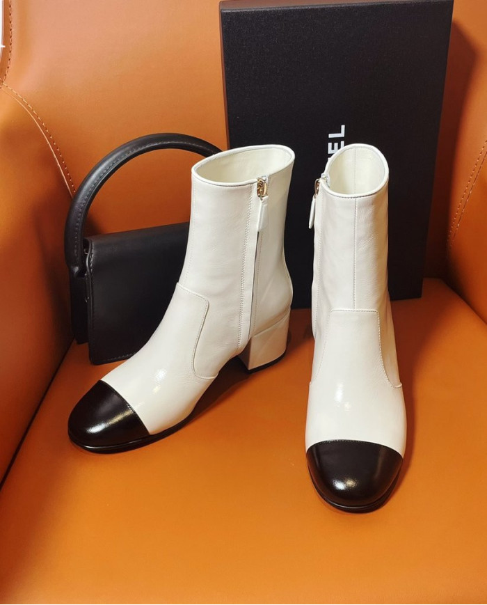 Chanel TwoTone SquareToe Block Heel Ankle Boots