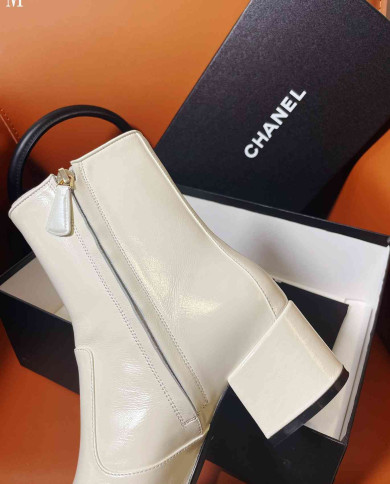 Chanel TwoTone SquareToe Block Heel Ankle Boots
