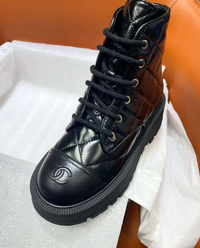 Chanel Quilted Lace Up Combat Boots