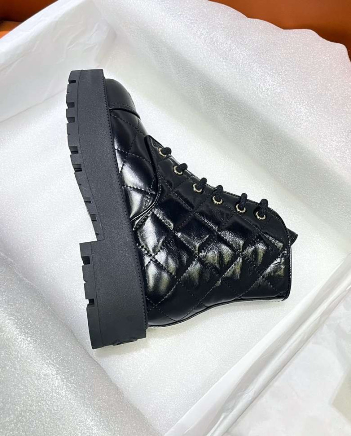 Chanel Quilted Lace Up Combat Boots