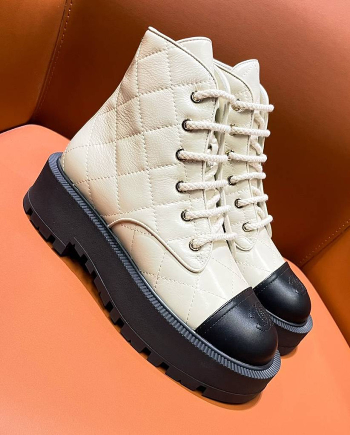 Chanel Quilted Lace Up Combat Boots
