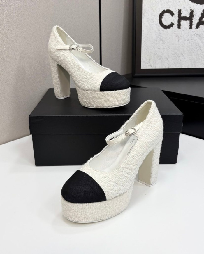 Chanel Women's Two Tone Tweed Platform Mary Jane Heels