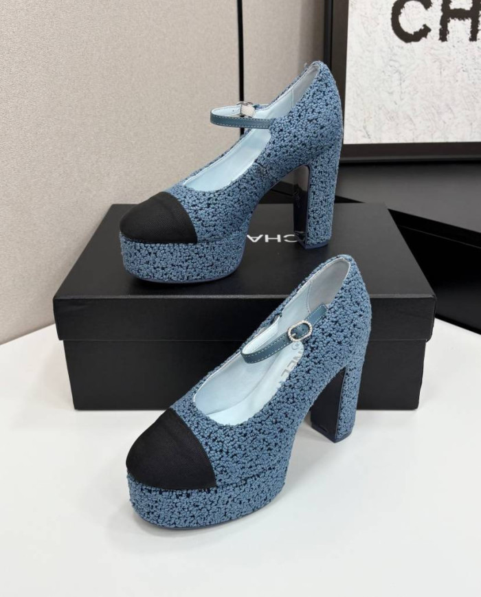 Chanel Women's Two Tone Tweed Platform Mary Jane Heels