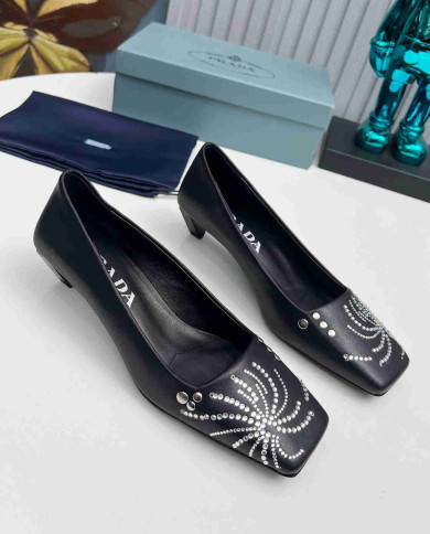 Prada Style Square Toe Rhinestone Low Heel Pumps