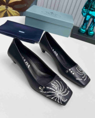 Prada Style Square Toe Rhinestone Low Heel Pumps